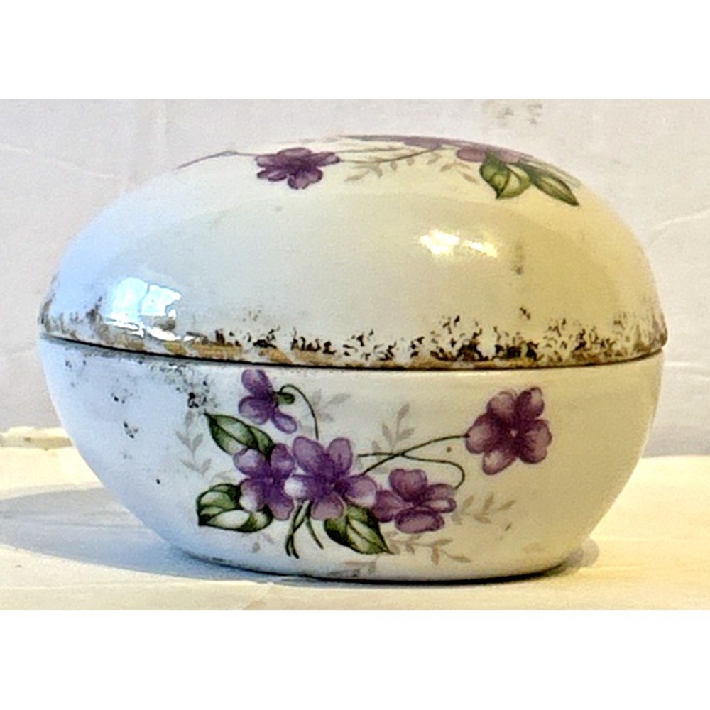 Vintage Egg Trinket Porcelain Box Purple Floral Gold Trim 3.25"x2.5"x2.5"